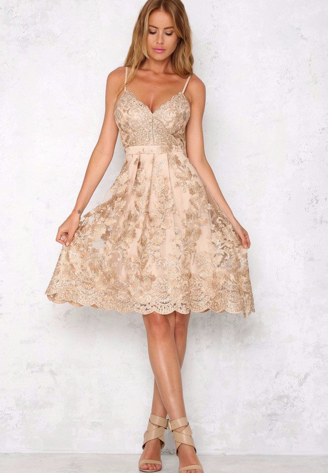 Women's Gold Lace Embroidered Summer Dress