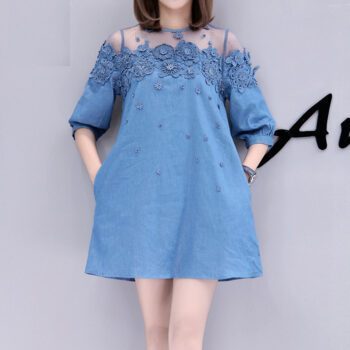 Women’s Plus Size Denim Dress With Floral Embroidery Lace Dresses Party Dresses cb5feb1b7314637725a2e7: Light Blue