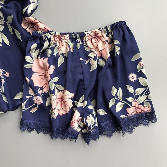 Women’s Floral Printed Lace-Trim Pajama Set Lace Sleepwear cb5feb1b7314637725a2e7: A|B|black|Blue|C|pink