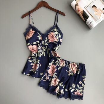 Women’s Floral Printed Lace-Trim Pajama Set Lace Sleepwear cb5feb1b7314637725a2e7: A|B|black|Blue|C|pink