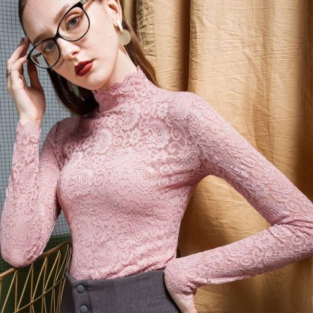 Women’s Lace Turtleneck Shirt With Long Sleeves Uncategorized cb5feb1b7314637725a2e7: black|Blue|Brown|Green|pink|white