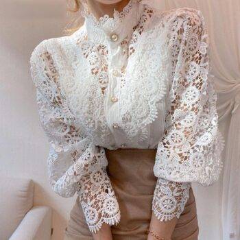 Women’s Petal Sleeve Stand Collar Blouse Lace Dresses New Arrivals Party Dresses 6f6cb72d544962fa333e2e: L|M|S|XL|XXL|XXXL